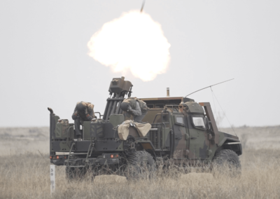 Tactical vehicle VAMTAC with EIMOS mortar is firing