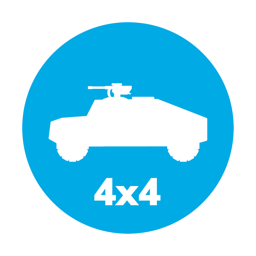 Icon of a 4X4	military vehicle equipped with hydropneumatic linear suspension