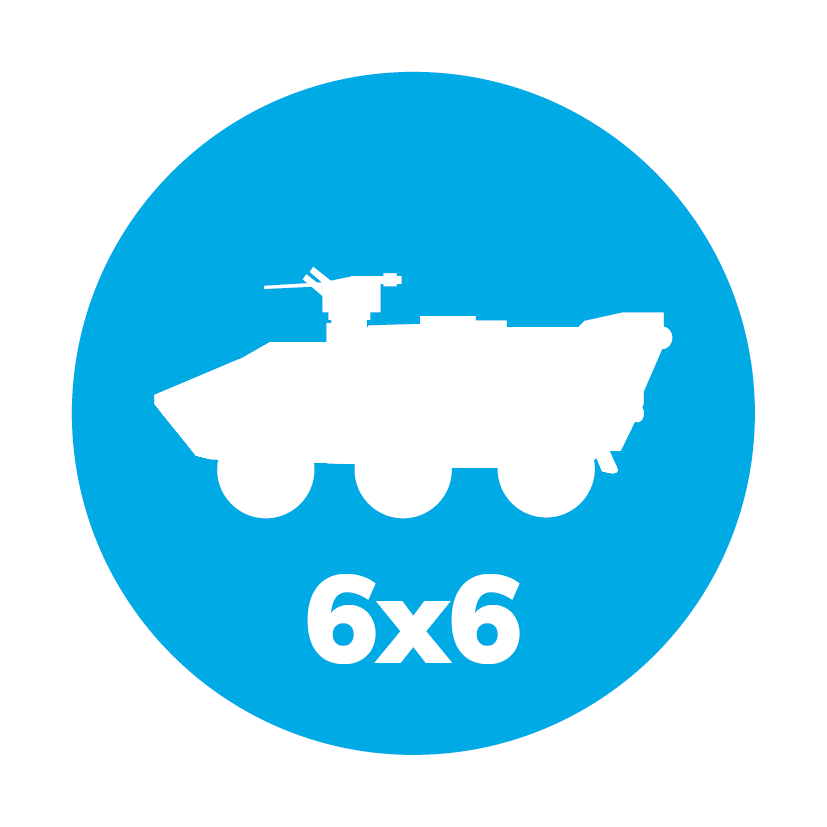 Icon of a 6x6 military vehicle equipped with hydropneumatic linear suspension
