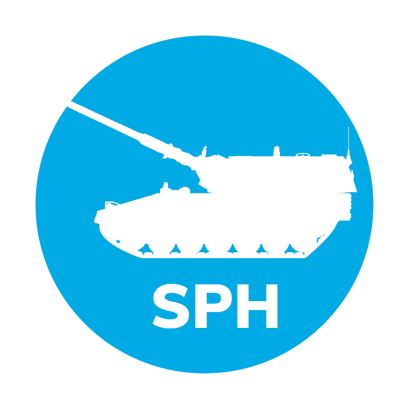 Icon of a SPH (Self-Propelled Howitzer) equipped with hydropneumatic linear suspension